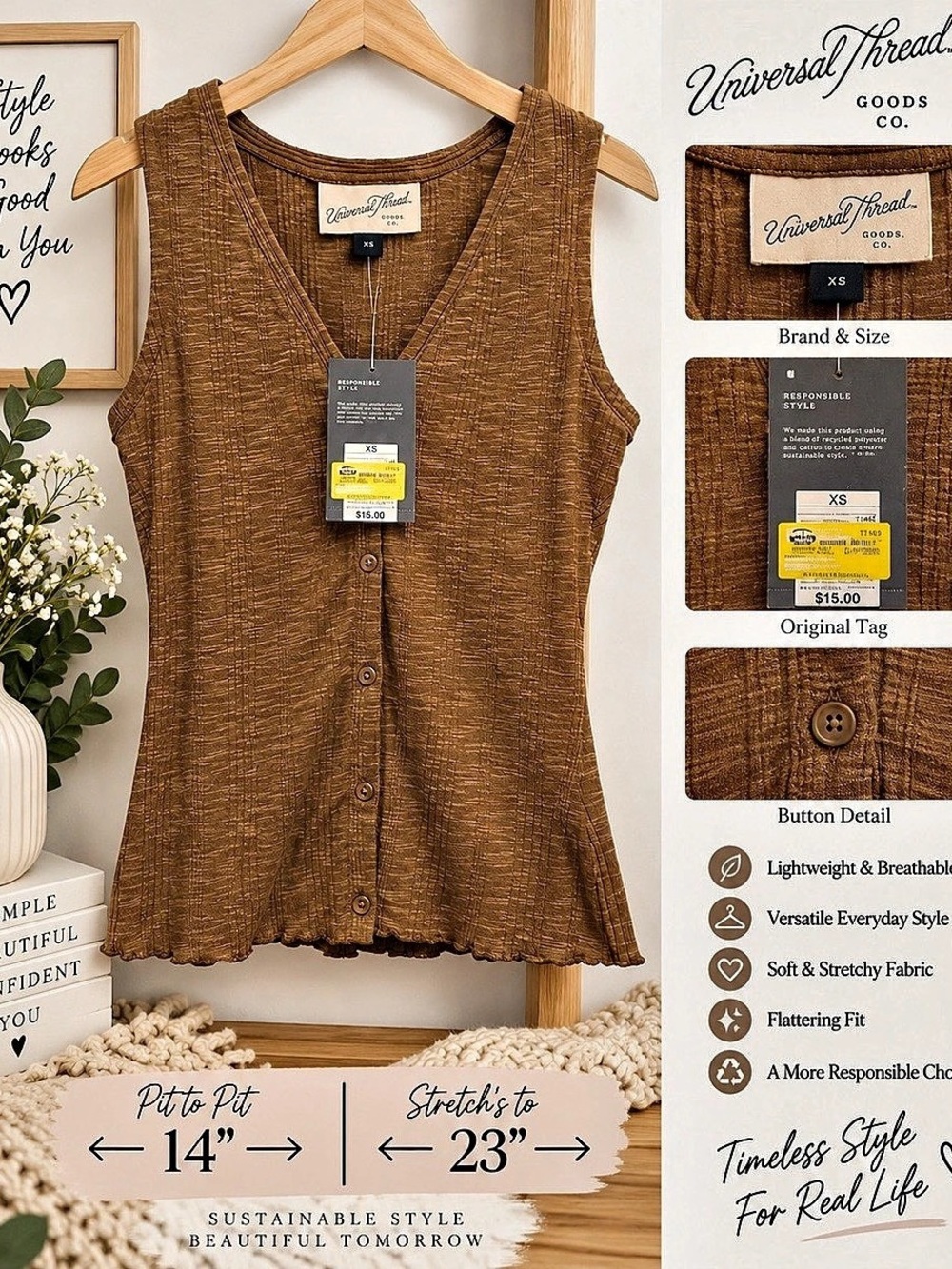 Universal Thread Ribbed Button-Front Tank Top Brown Size Medium